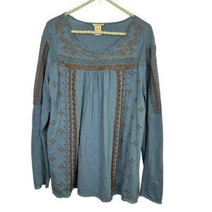 Sundance Romantic Spirit Beaded embroidered boho tunic top womens size XL Blue